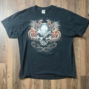 Skull Dragon Graphic T-Shirt Mens Gildan Heavy Cotton Black XL Biker